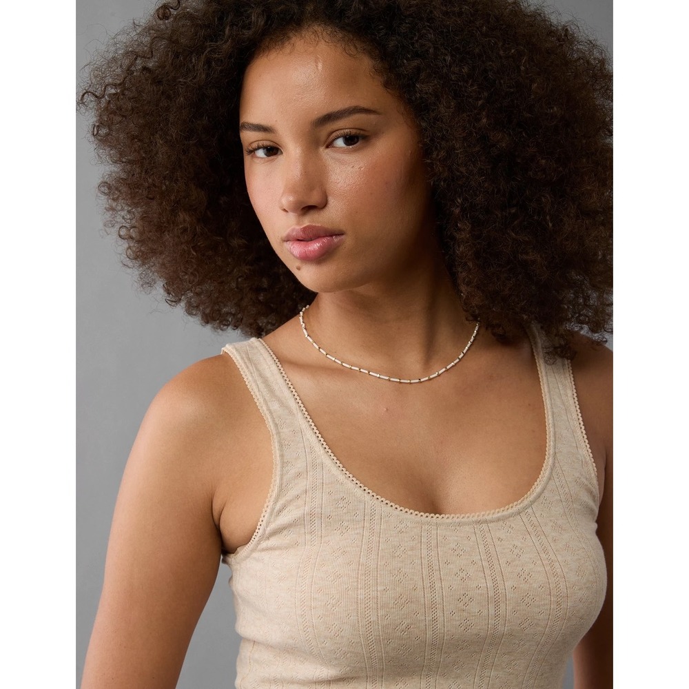 American Eagle Pointelle Knit Tank Top Brown Lace Trim Lettuce Hem Size M NWT